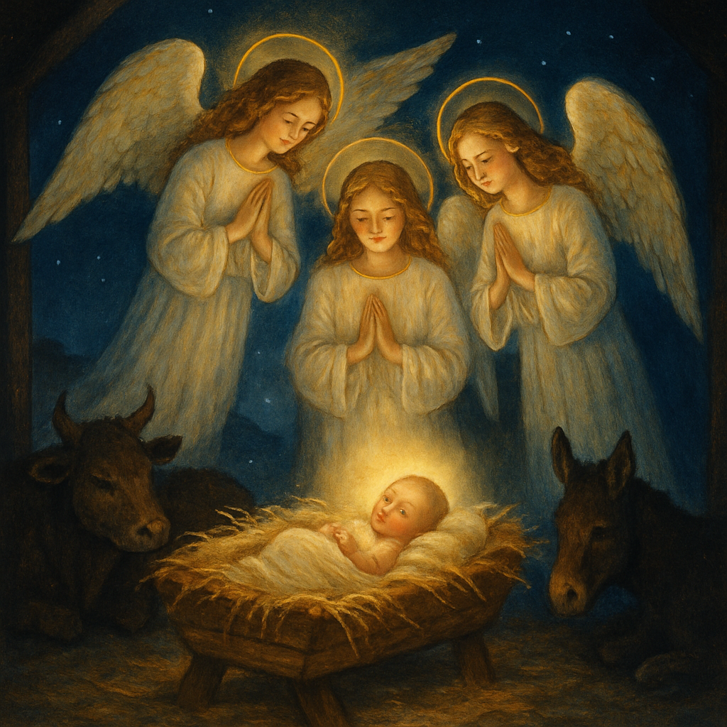Angels adoring the infant Christ in the manger, with the Star of the East shining outside — Brightest and Best