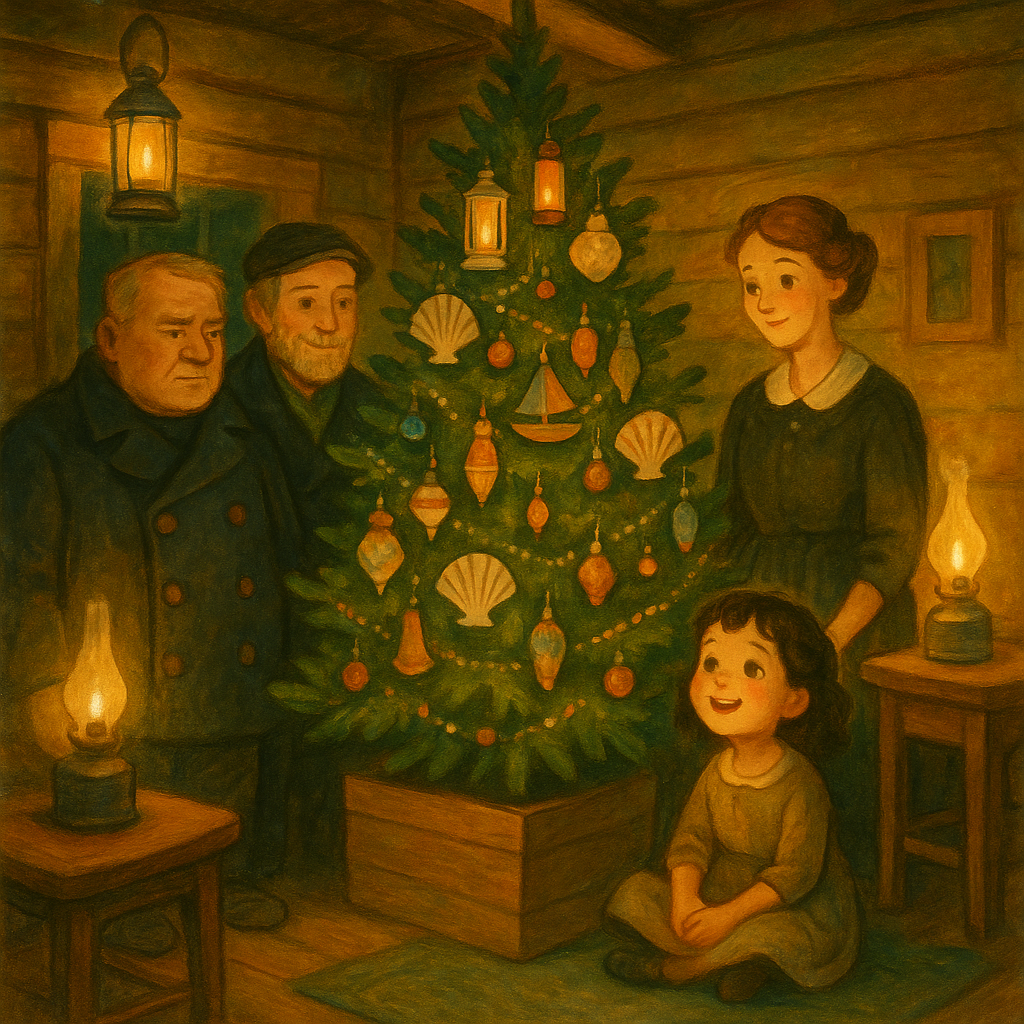 Two retired sea captains and a woman admire a decorated Christmas tree with a little girl in Captain Eli's Best Ear.