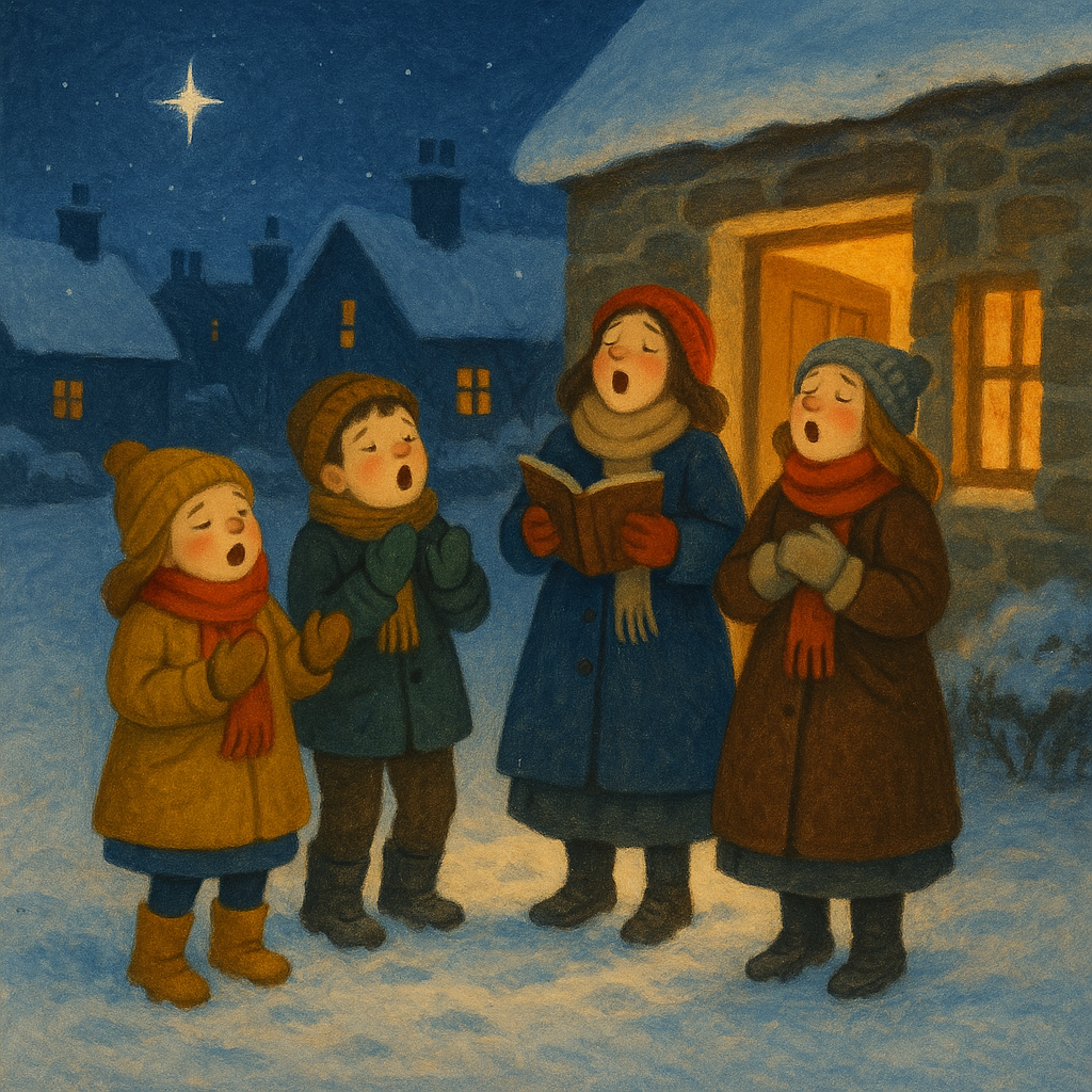 Carol singers in the snow outside a warm cottage at night, illustrating Kenneth Grahame's Christmas poem "Carol"