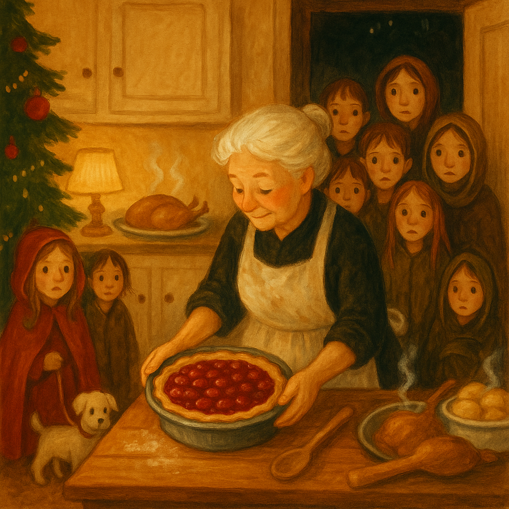 Grandma Perch places a fresh cherry pie on the table as children crowd the doorway in the story Cherry Pie.