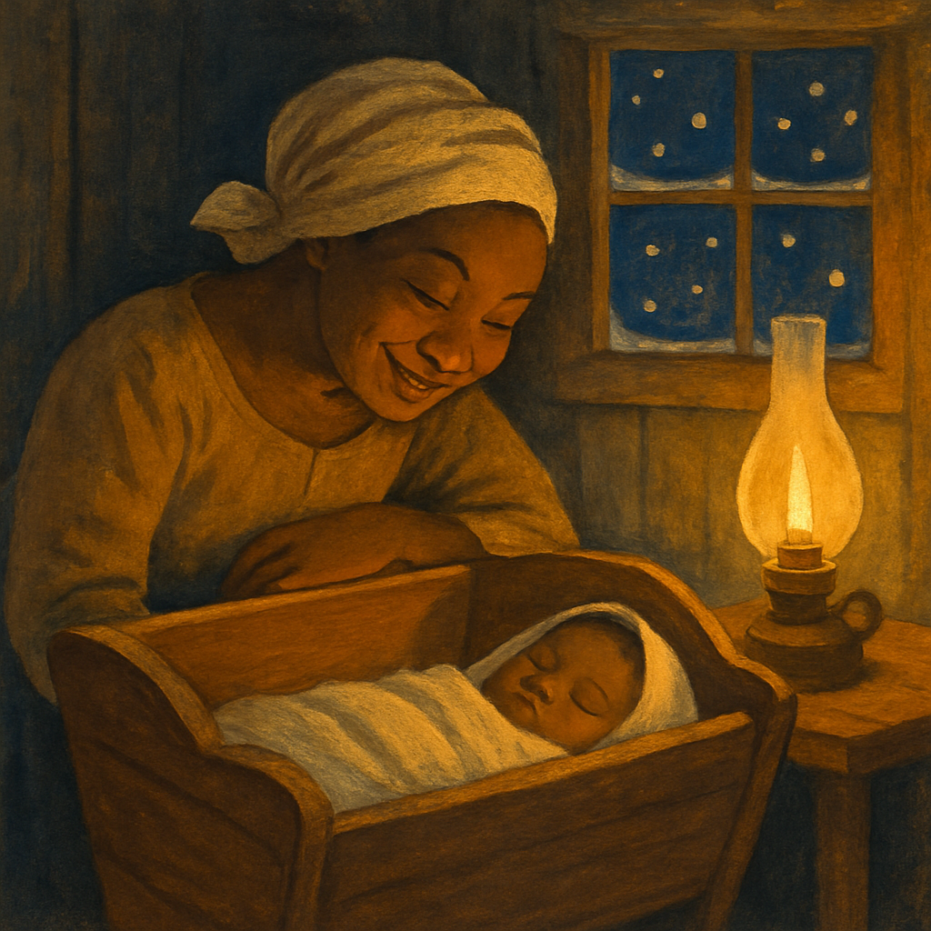 A mother gazes lovingly at her sleeping baby by lamplight on a snowy winter night, illustrating "Chrismus Is A-comin'"