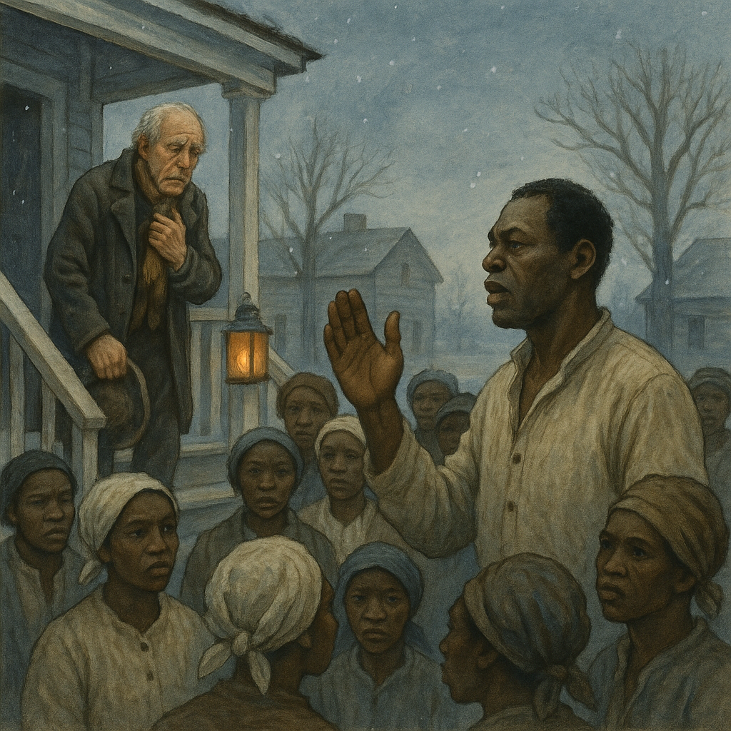 Old Ben speaks to the gathered workers and their master on Christmas Eve, a scene from Chrismus On The Plantation.