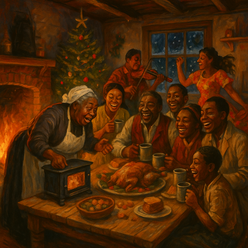 A festive fireside feast scene from the Christmas poem by Paul Laurence Dunbar, with dancing and holiday food.