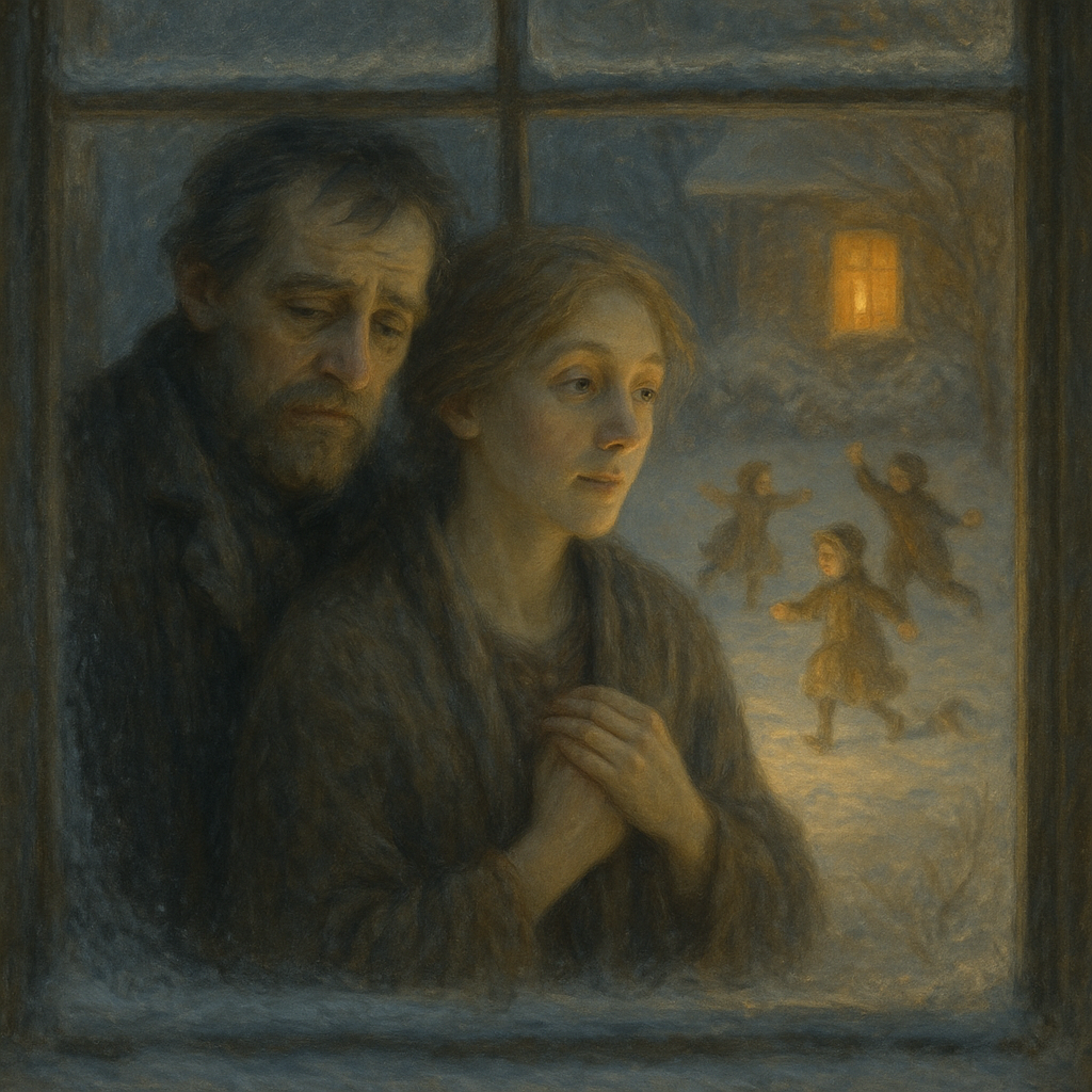 A weary couple gazes through a frosted window at children playing in snow — inspired by Christmas, 1873