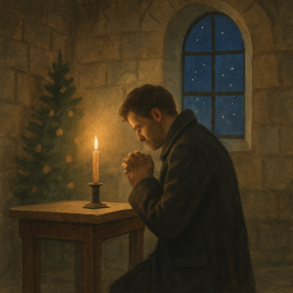 A man kneeling in candlelit prayer in a stone chapel on Christmas night, illustrating the poem Christmas, 1880.