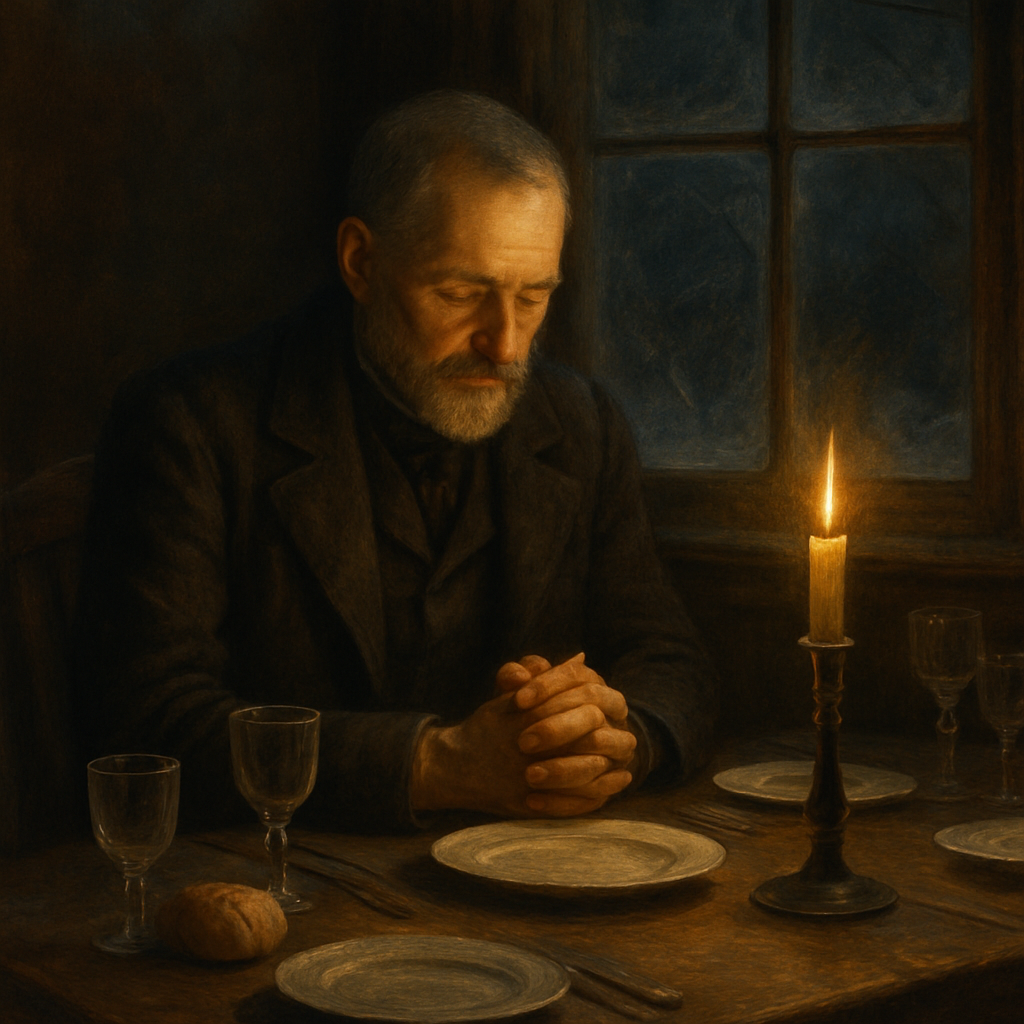 A solitary man sits at an empty Christmas table by candlelight, scene from "Christmas, 1884" by George MacDonald.