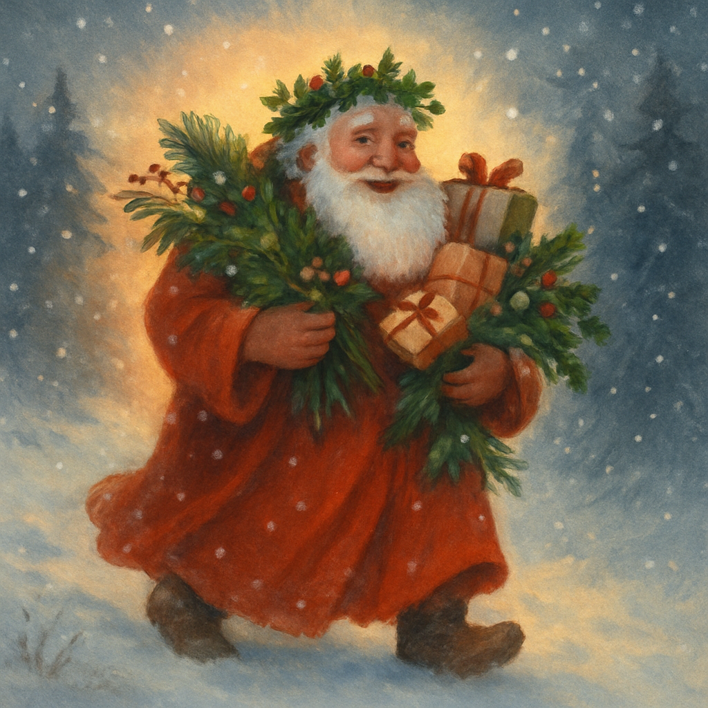 Father Christmas with mistletoe crown carrying gifts through the snow, illustrating the poem Christmas by Rose Terry Cooke
