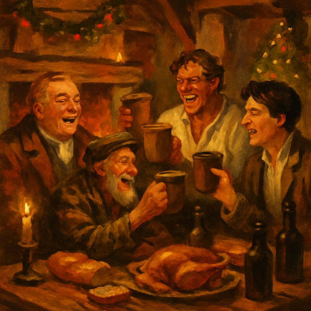 Four men of different backgrounds raise ale mugs in a Christmas toast — illustration for "Christmas" by W.H. Davies.