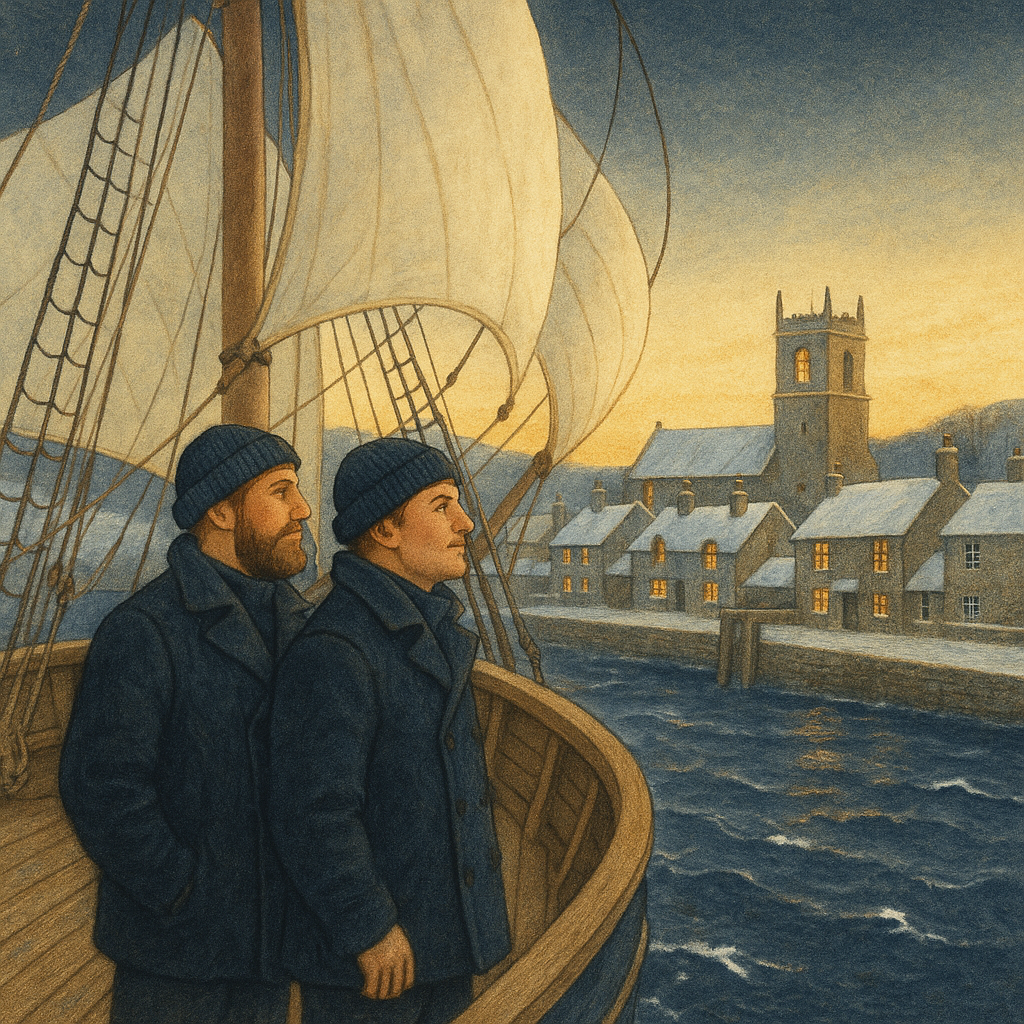 Two sailors on a ship approaching Salcombe harbour at Christmas dawn, an illustration for "Christmas" by John Masefield.