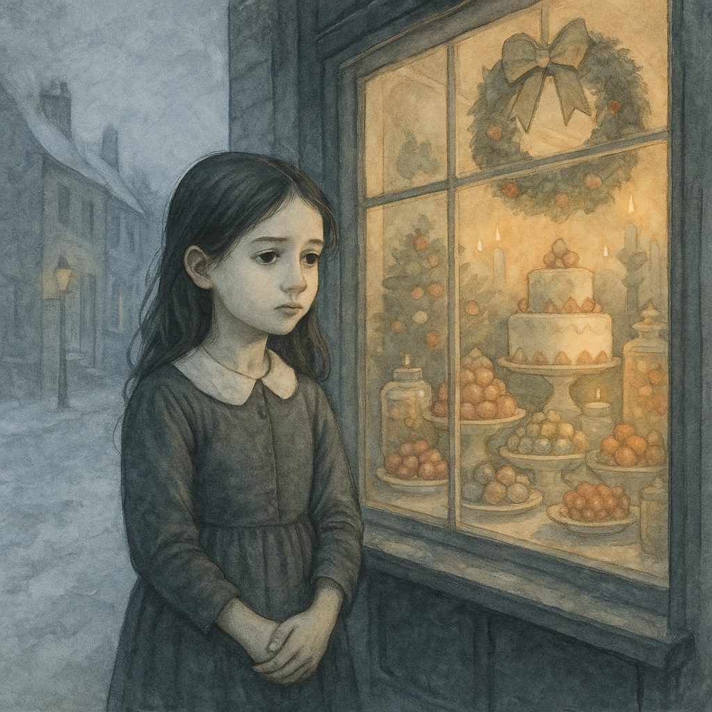 A young girl gazes solemnly at a Christmas sweet shop window, illustrating the poem Christmas by Elizabeth Margaret Chandler.