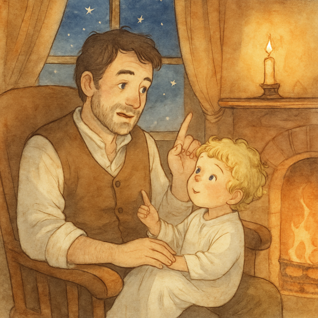 A father reads the Christmas story to his young son by the fireside, in an illustration for "Christmas" by Eugene Field.