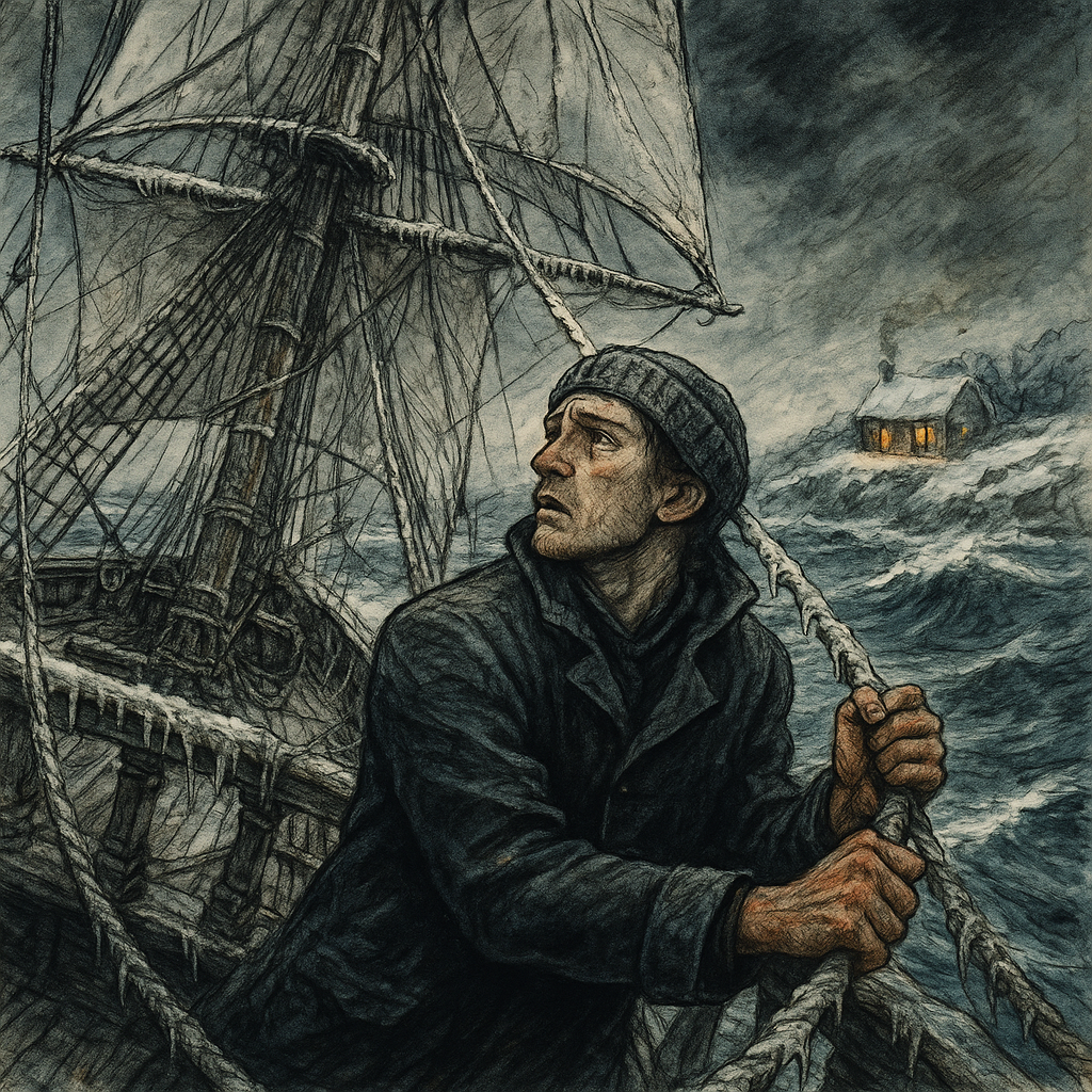 A frost-bitten sailor grips icy ropes aboard a storm-tossed ship, gazing at a warm cottage on shore in Christmas at Sea.