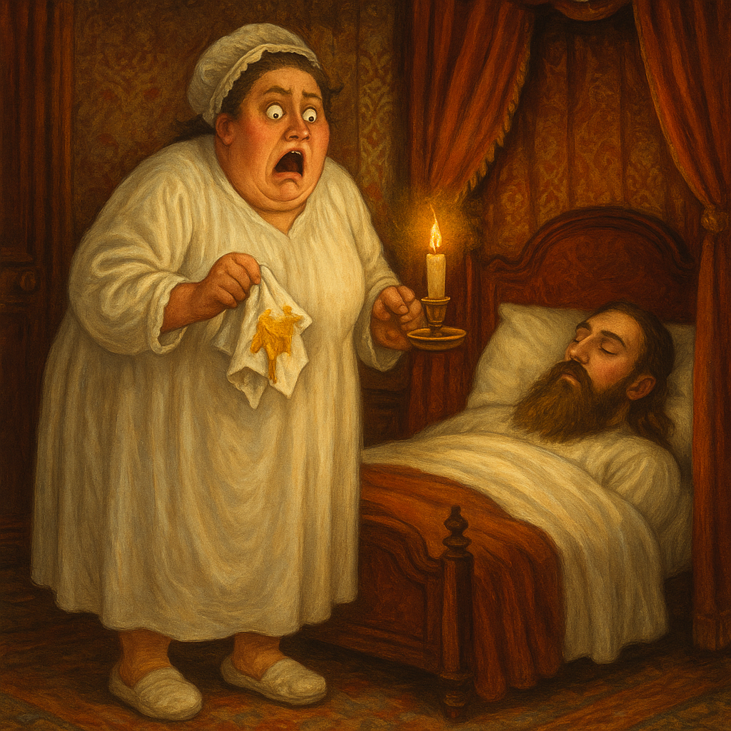 Mrs. Brown stares in horror at a sleeping stranger after applying a mustard plaster to the wrong man, in Christmas at Thompson Hall.