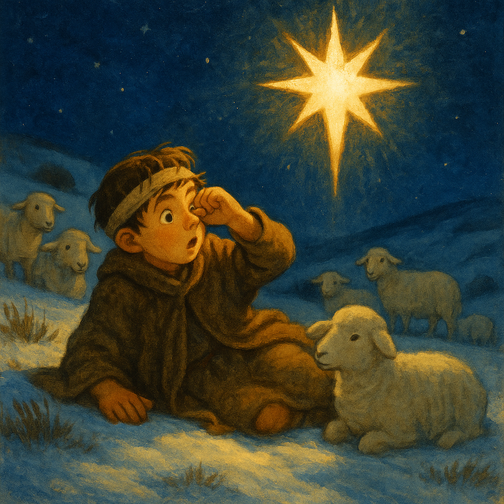 A shepherd boy waking on a snowy hillside, gazing up at the Star of Bethlehem, illustration for Christmas Bells.