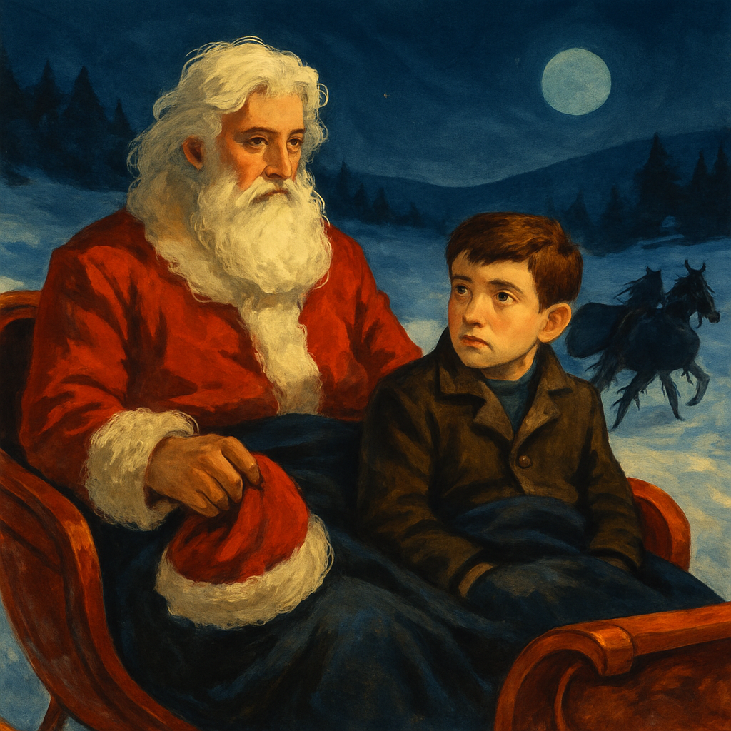Cherokee and Bobby ride through the snowy night in a red sleigh in "Christmas by Injunction" by O. Henry.