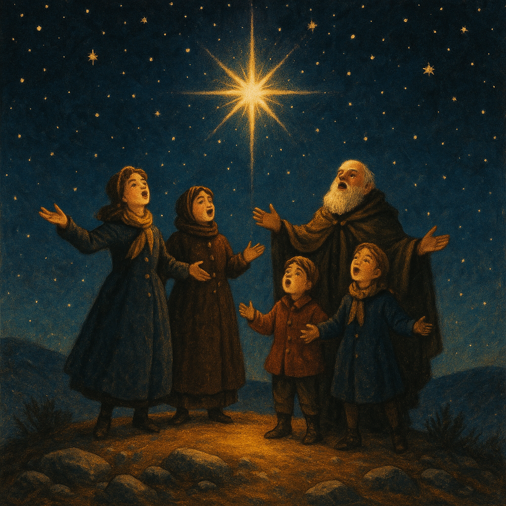 Figures on a glowing hilltop singing beneath a blazing star — illustration for Christmas Carol by Dunbar