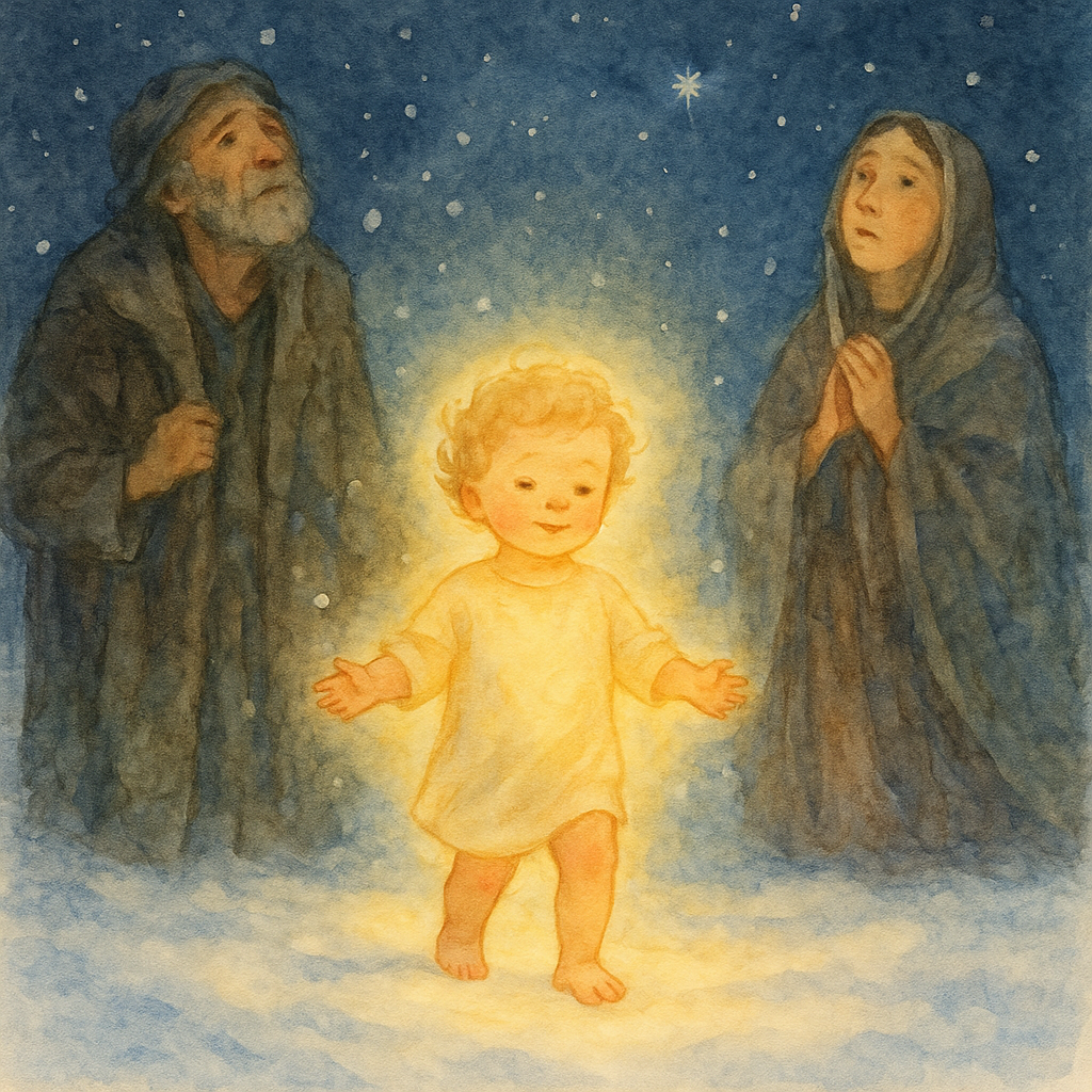 The Christ-child walks softly on snow as humble figures look on in wonder — Christmas Carol by Phillips Brooks