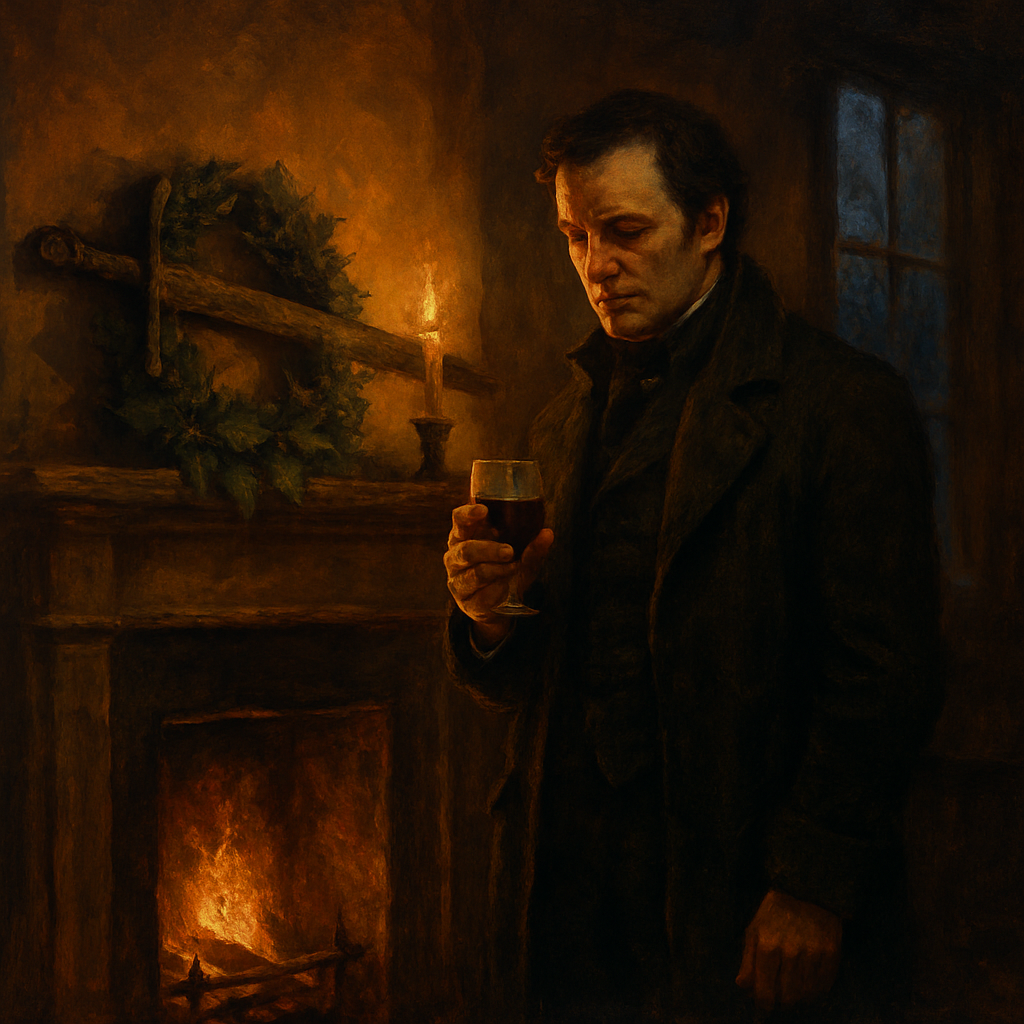 A grieving man raises a glass by candlelight beside a holly-wrapped sword, in "Christmas Comes Again"