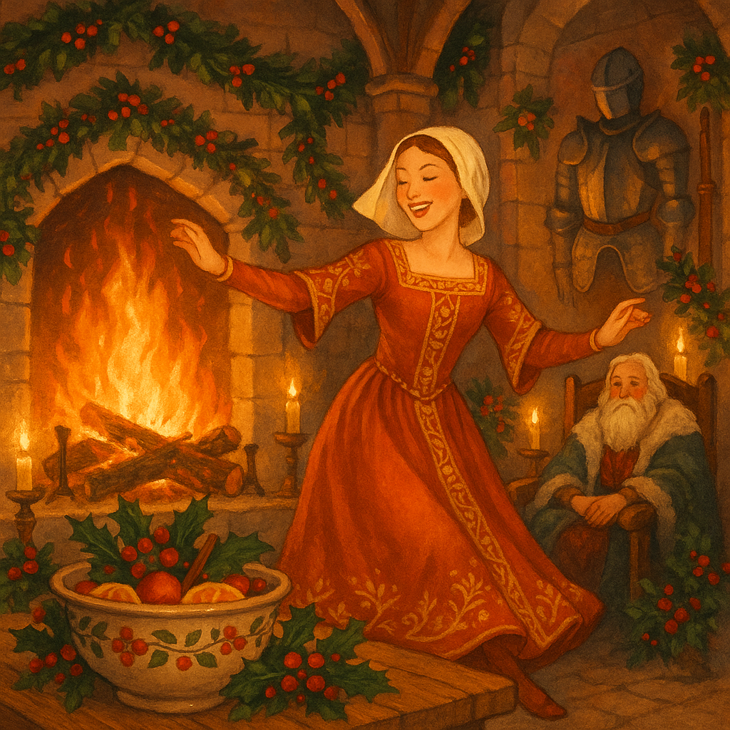 A maiden dances before a yule-log fire in a holly-decked medieval hall, in "Christmas Comes But Once A Year"