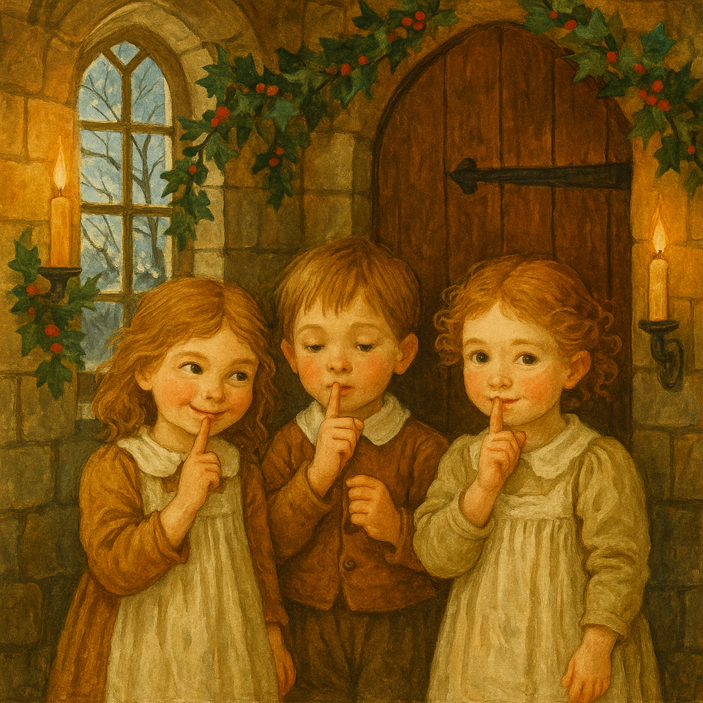 Three young children caught singing a Christmas carol outside a door, from Washington Irving's "Christmas Day"