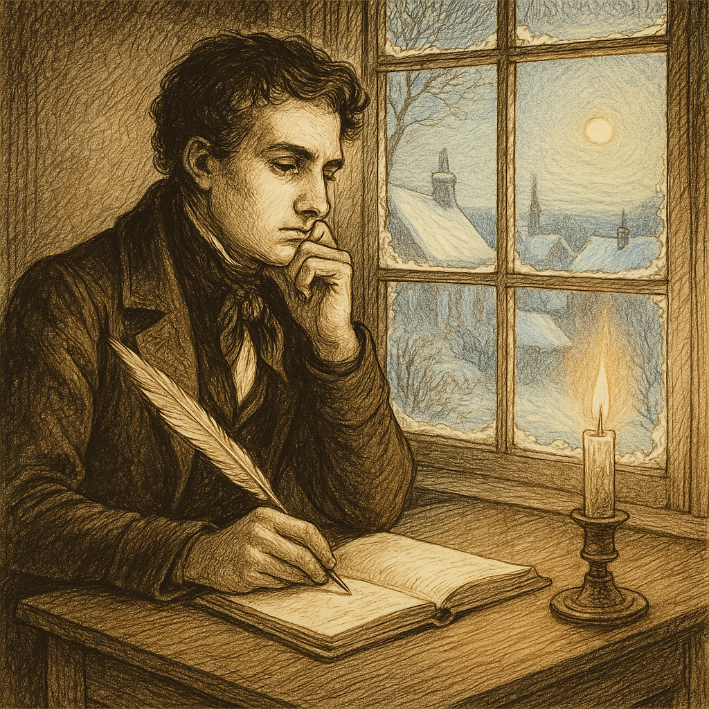 A Victorian poet sits writing by candlelight beside a frosty winter window, illustrating Christmas Day, 1850.