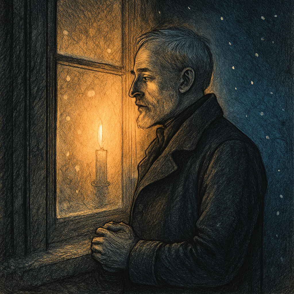 A solitary man gazes from a frost-covered window by candlelight, illustrating George MacDonald's poem Christmas-day, 1878.