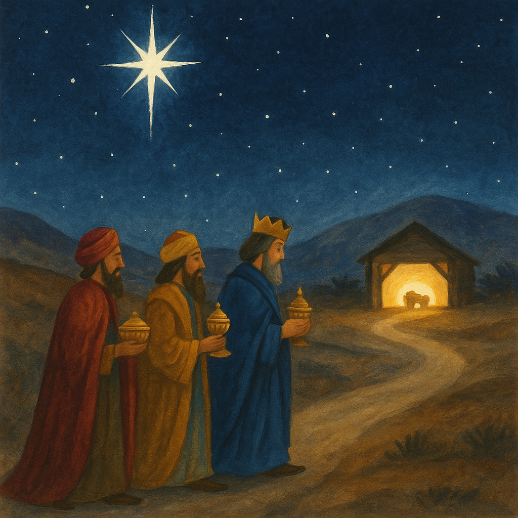 Three wise men following a bright star toward a glowing stable, illustrating Christmas Day And Every Day by George MacDonald.