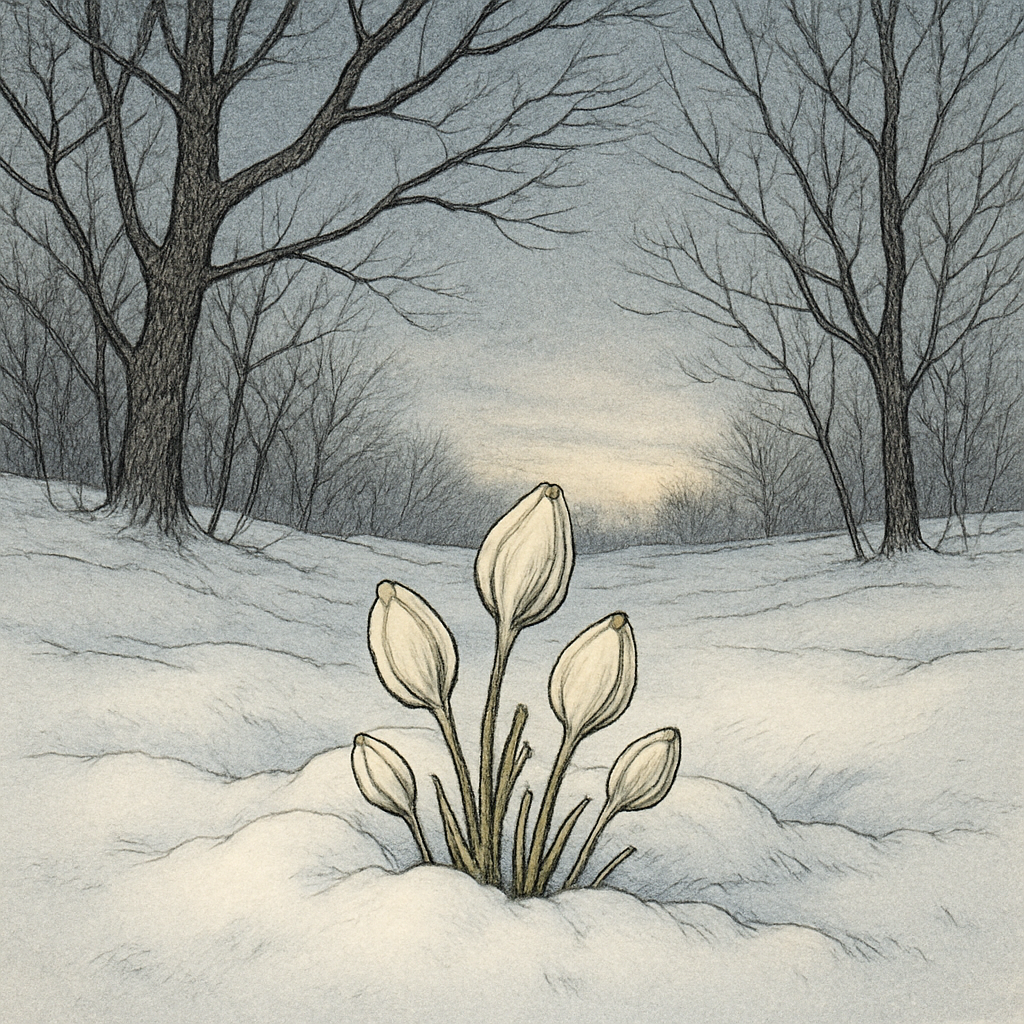 Pale flowers pushing through snow in winter light, illustrating the poem Christmas Day by Hartley Coleridge.