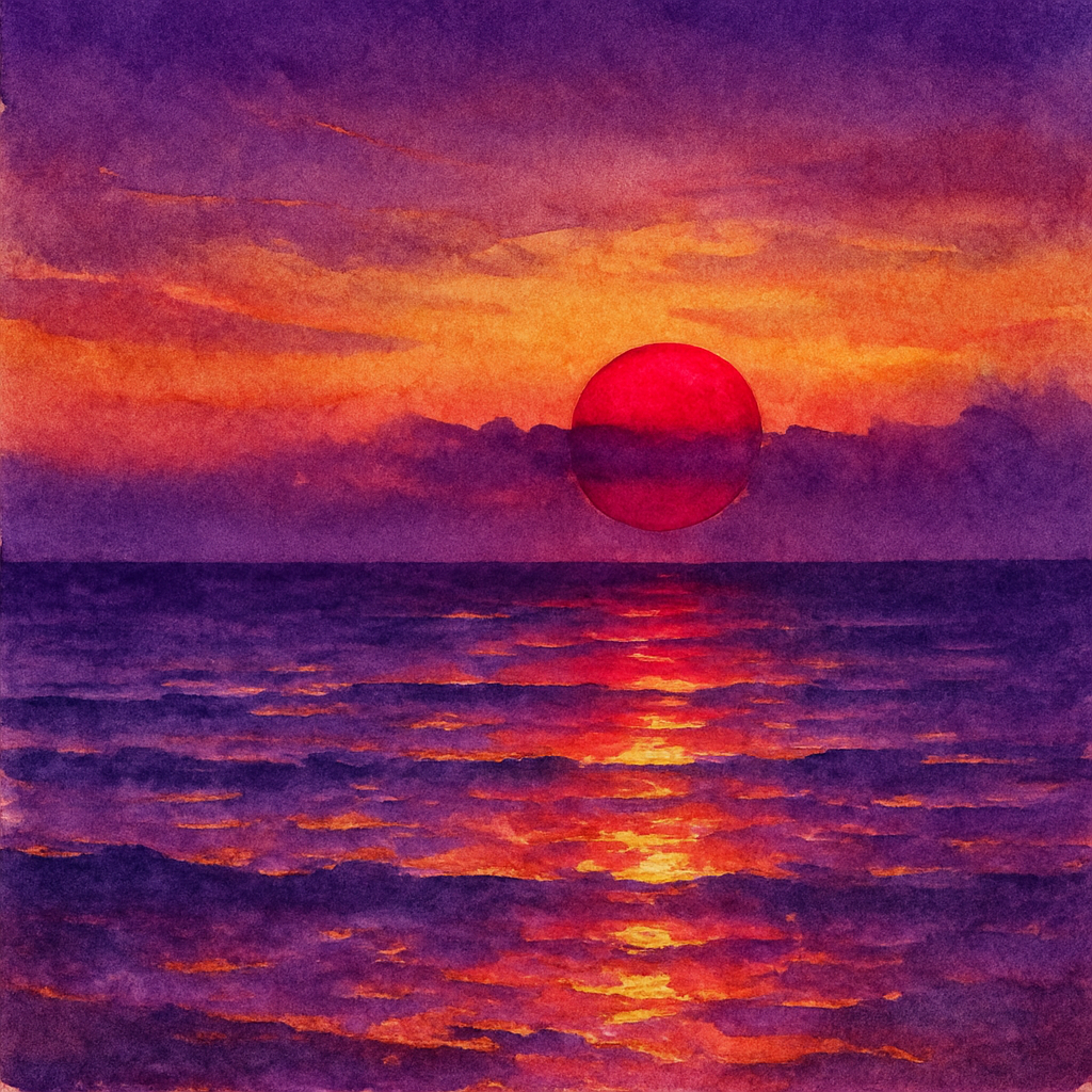 A crimson sun setting through purple mist over an opal sea, illustrating the poem Christmas Eve by Ella Higginson.