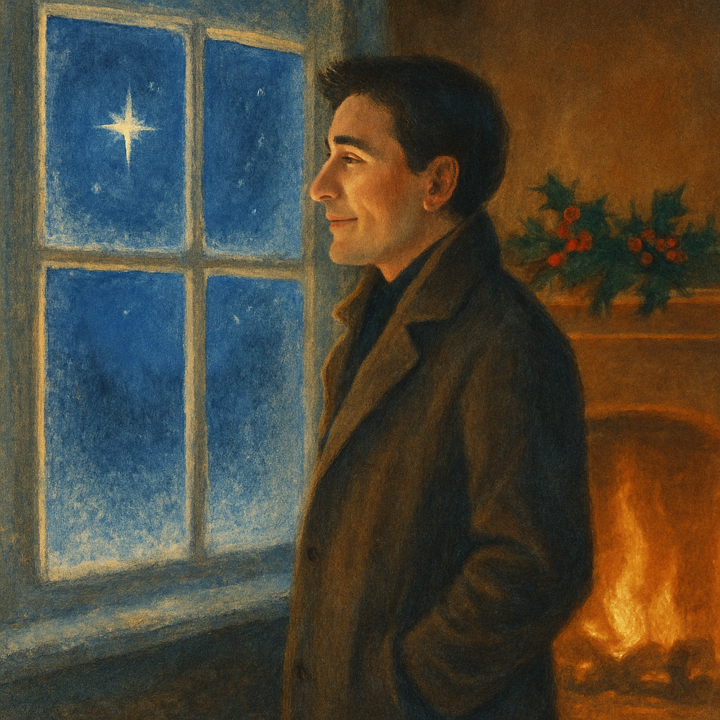 A man gazes at a winter star through a frost-edged window by firelight, in an illustration for "Christmas Eve"