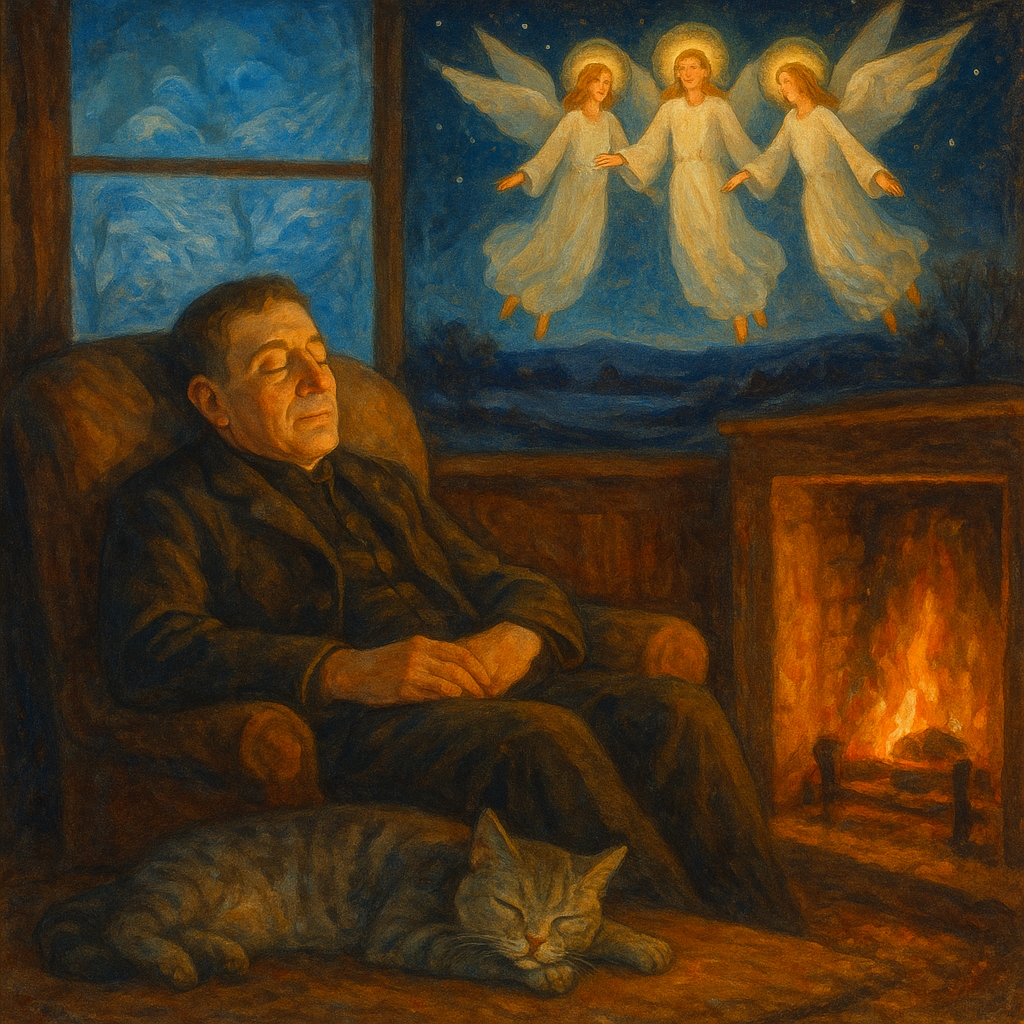 A man dozes by a warm fireplace in Christmas Eve, dreaming of radiant angels appearing to shepherds.