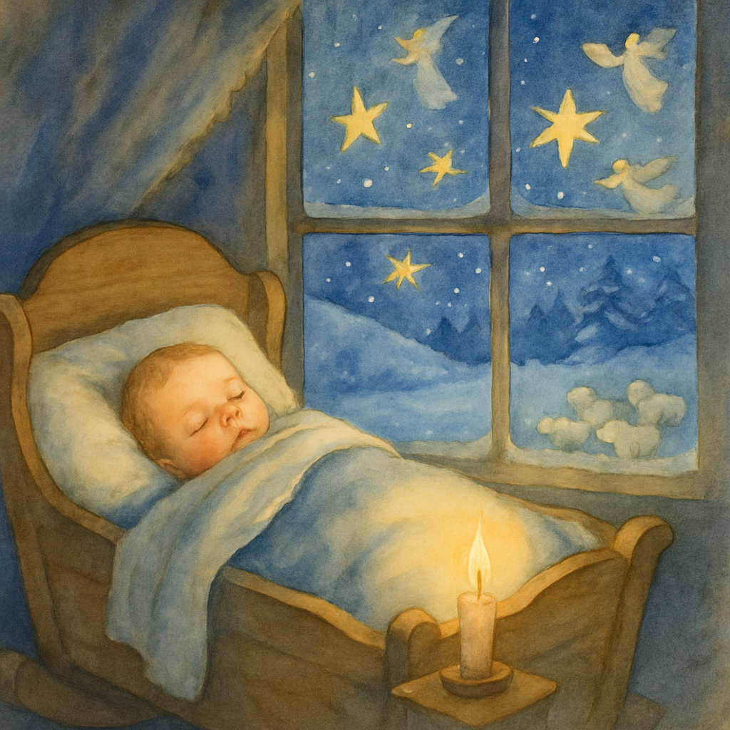 A sleeping infant in a cradle beneath a starlit winter sky, evoking the tender lullaby poem "Christmas Eve"