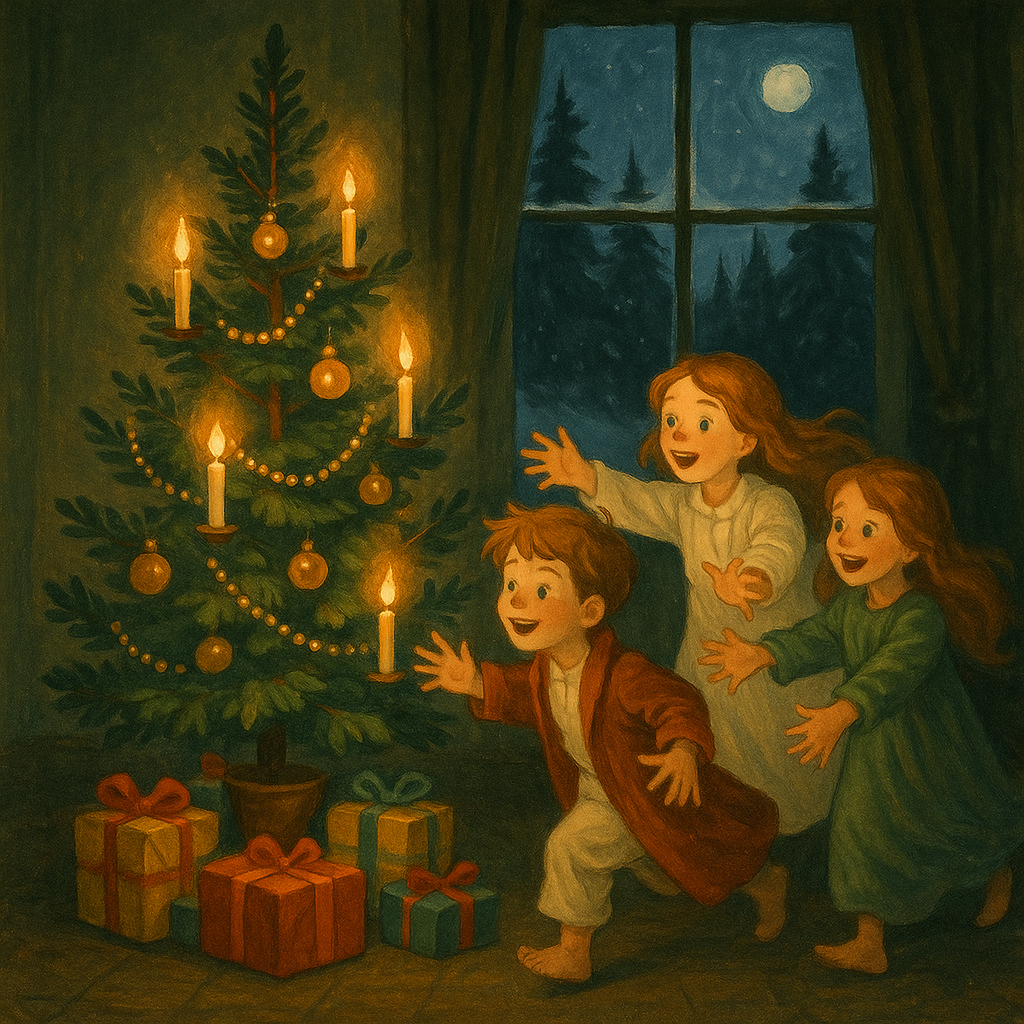 A glowing Christmas tree surrounded by delighted children, illustrating the poem Christmas Eve.