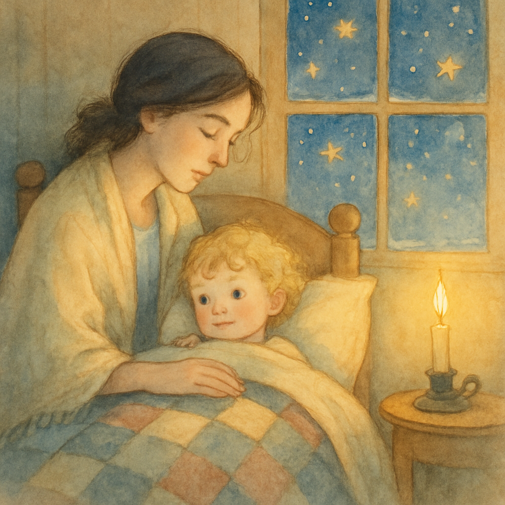 A mother gently singing a lullaby to her child on Christmas Eve, with stars glowing outside a snowy window.