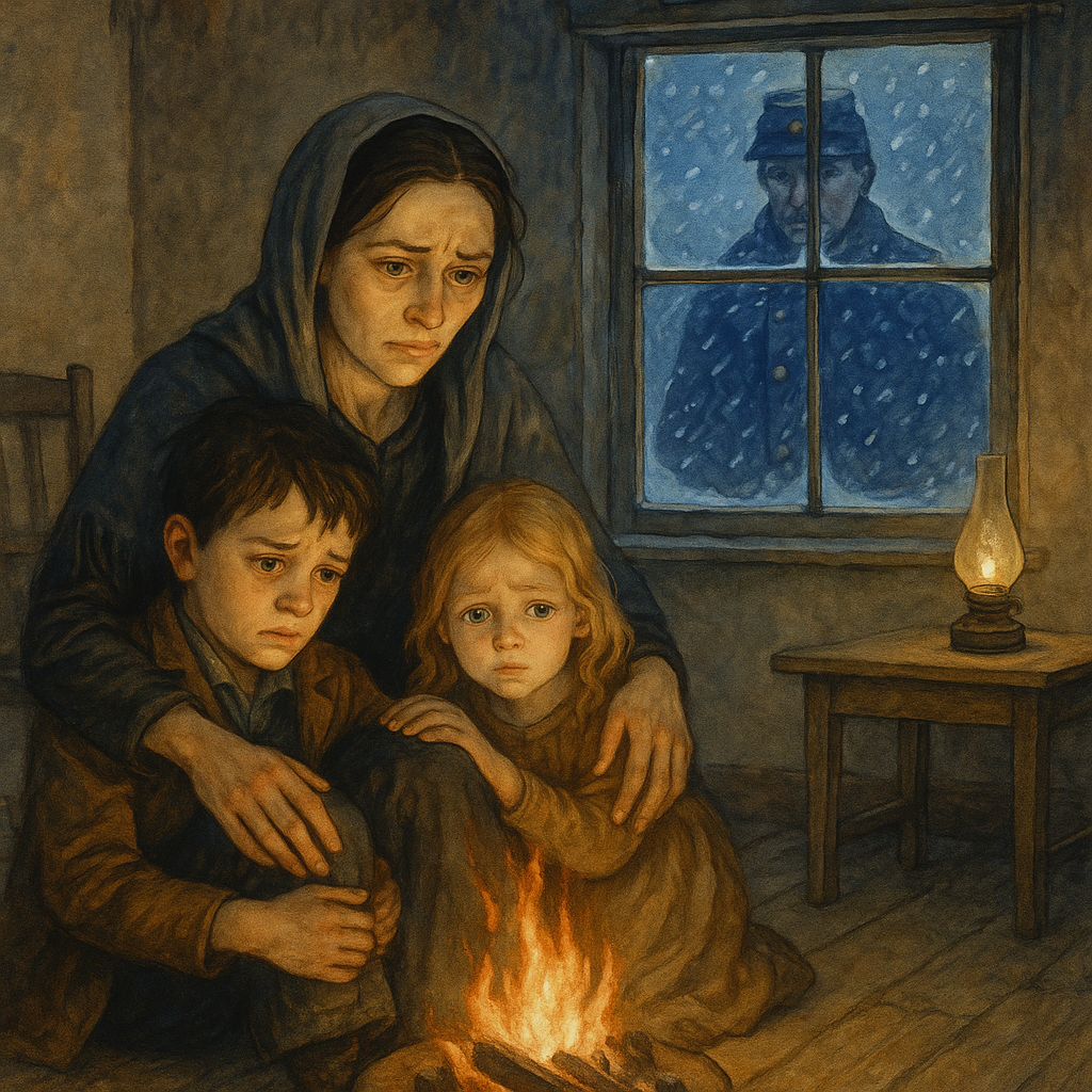 A mother and two children huddle by a dim fire while a soldier watches through a snowy window in Christmas Eve in War Times.