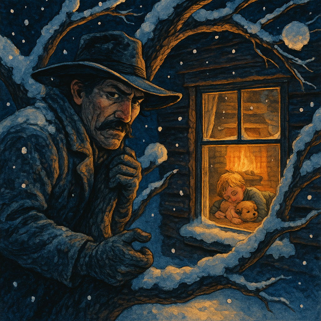 A snow-covered man clings to an apple tree, watching a child sleep by firelight through a cabin window in Christmas Eve on Lonesome.
