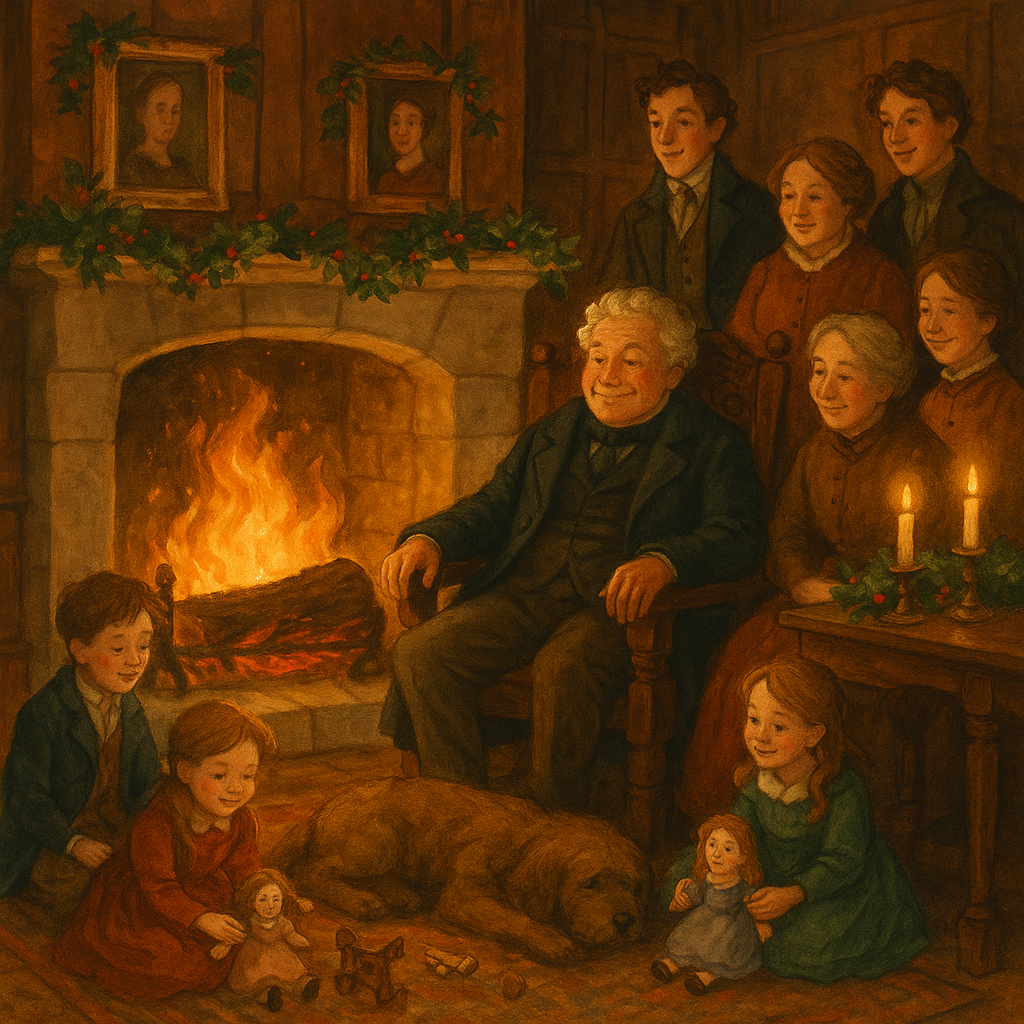 The Squire seated by the blazing Yule-log surrounded by family on Christmas Eve, illustrating Washington Irving's story.
