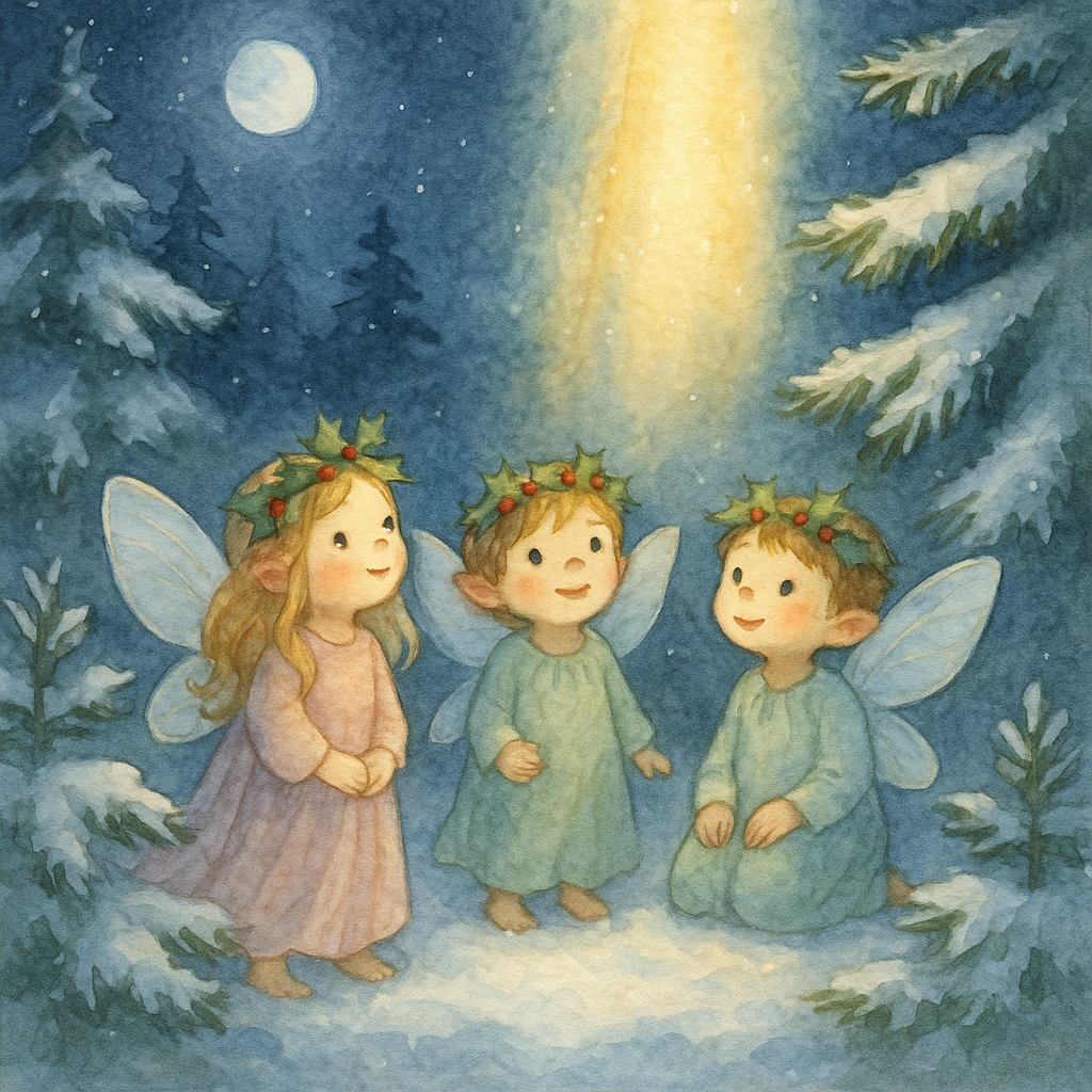 Fairies pausing their play in a snowy forest in the poem Christmas Greetings by Lewis Carroll