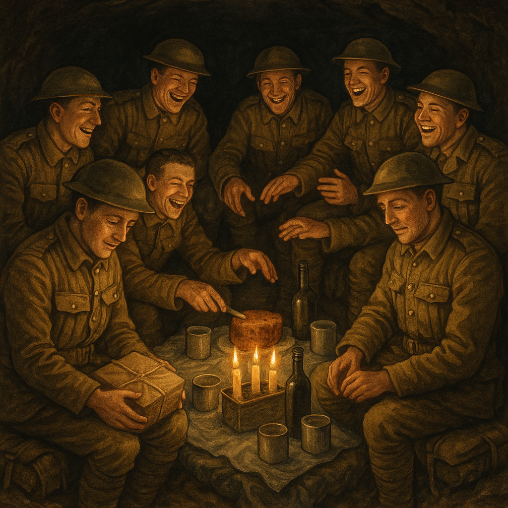 Soldiers gather by candlelight in a WWI dugout for Christmas dinner, in "Christmas in a Dugout"