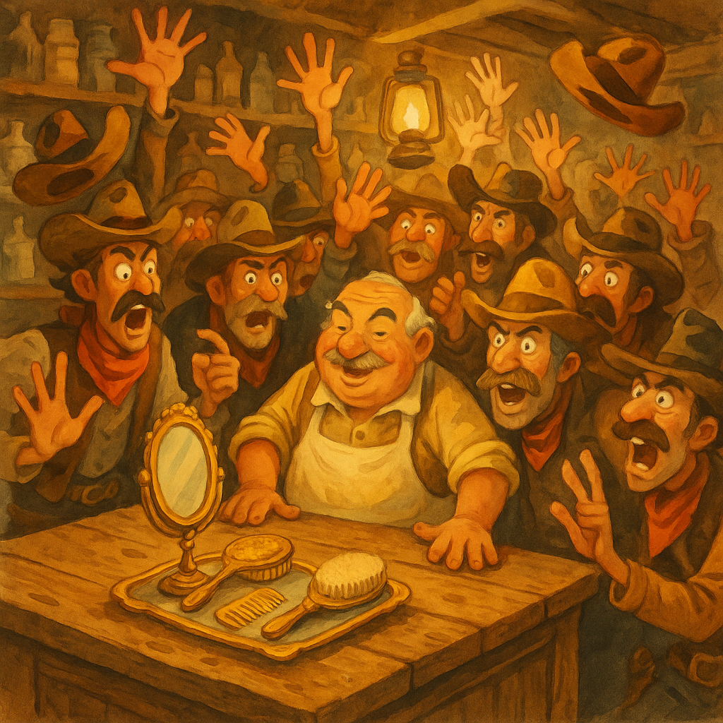 Rowdy cowboys bidding at a wild auction in a dusty Western drugstore, scene from Christmas in Cactus Center