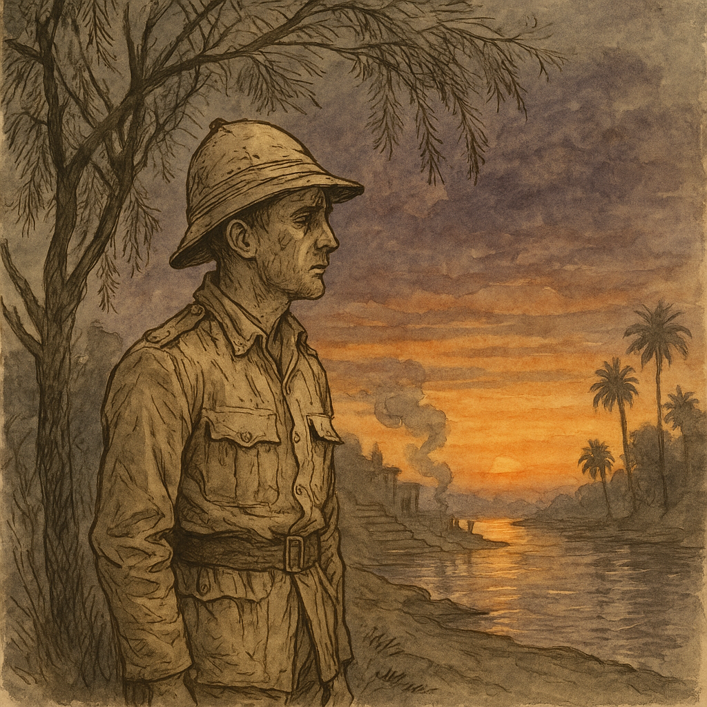 A weary British colonial soldier stands beneath tamarisk trees at dusk in India, longing for home in Christmas in India.