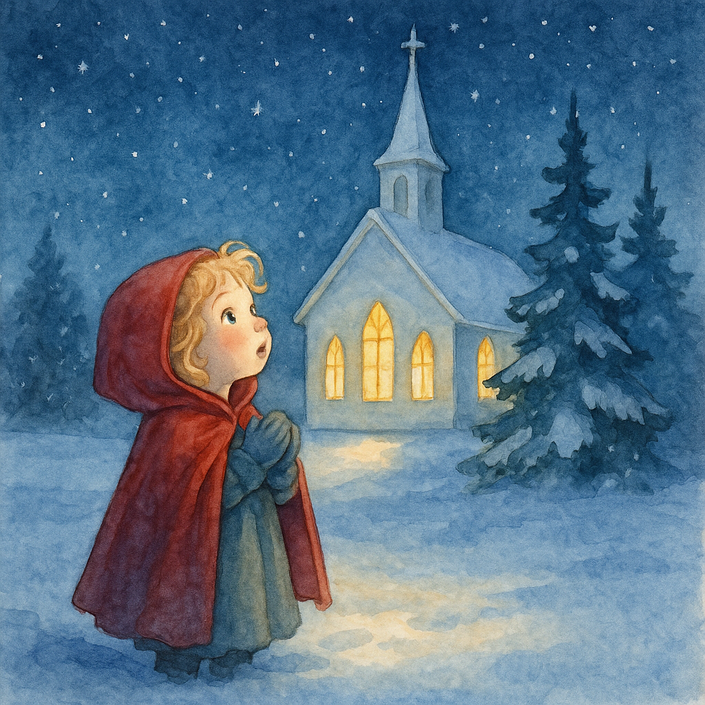 Little Dolly in her red hood gazing at the glowing church windows in the snow, from Christmas in Poganuc.