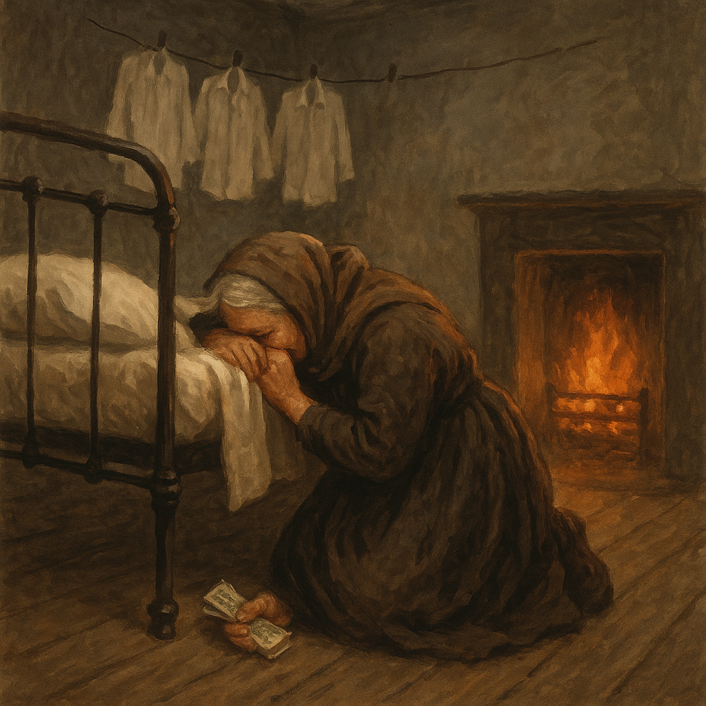 Old Ann the washerwoman kneels overcome with emotion in her tenement room in Christmas In The Alley.
