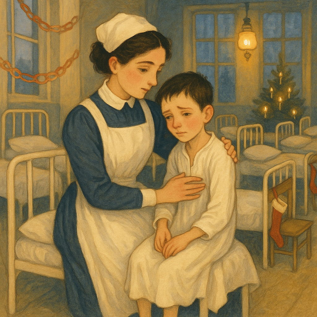 A nurse sits beside a sick boy's cot on Christmas morning in "Christmas in the Children's Hospital Ward"