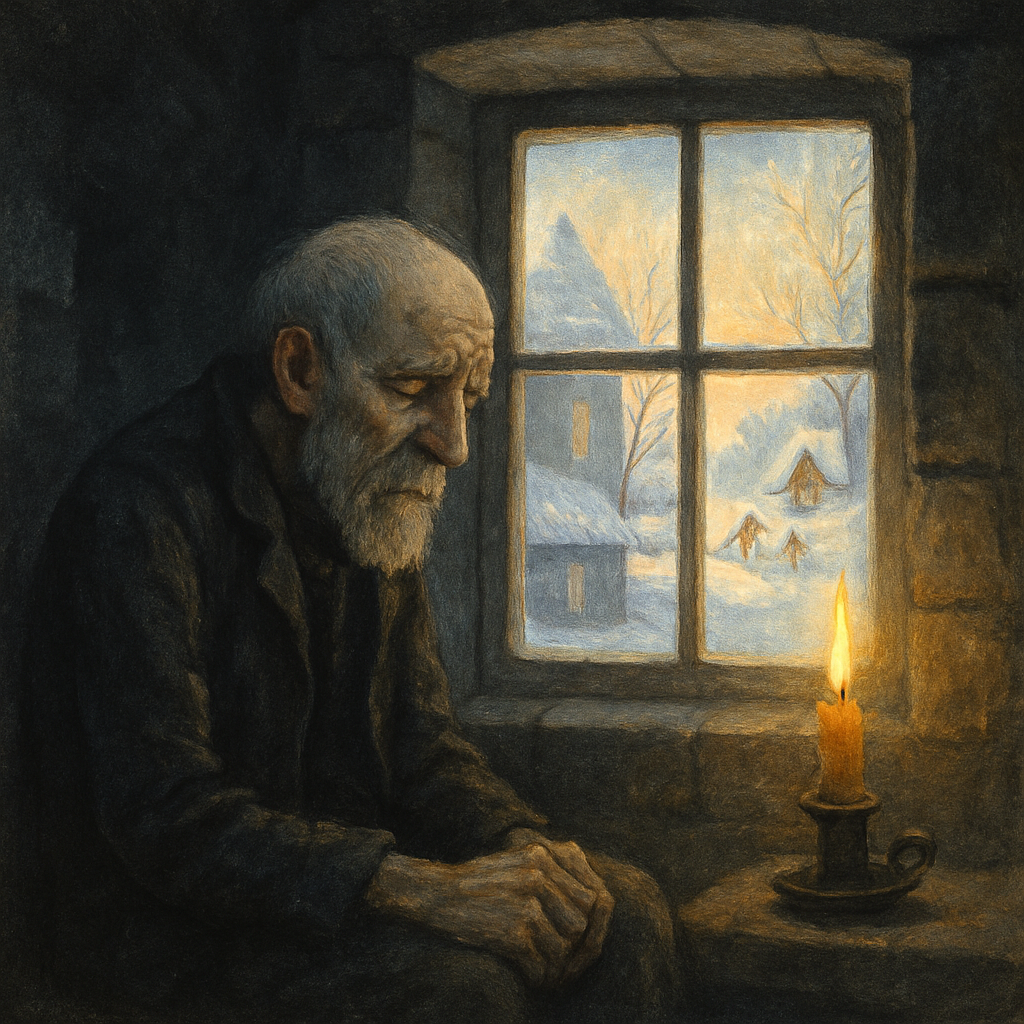 A cold miser sits alone in a dim chamber as Christmas joy glows outside his window, in Christmas in the Heart.