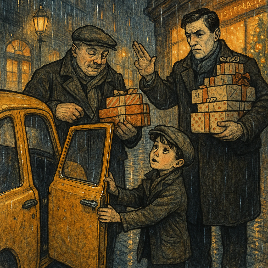 A small boy holds open a taxicab door for two men on a rainy Christmas Eve, scene from "Christmas Inconsistency."