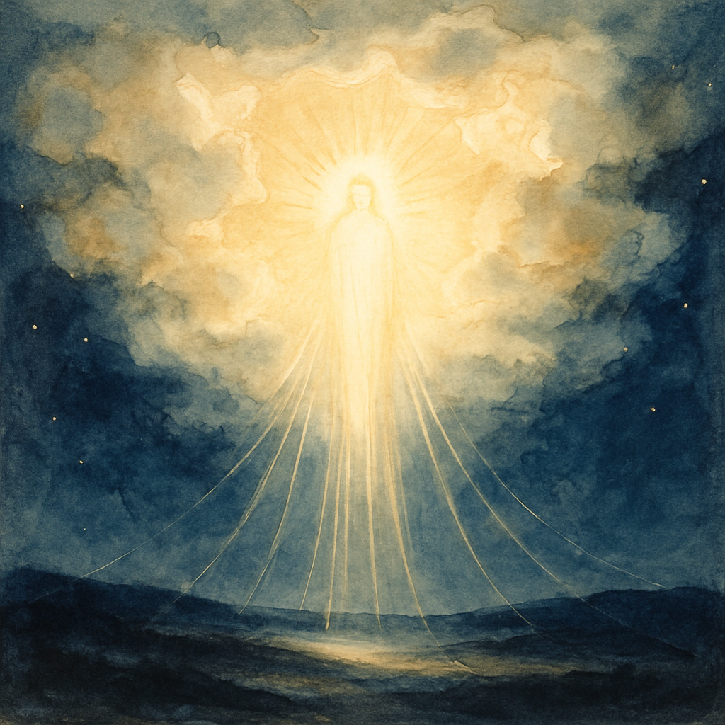 A radiant light descends from the heavens toward Earth in an illustration for "Christmas Meditation" by George MacDonald.