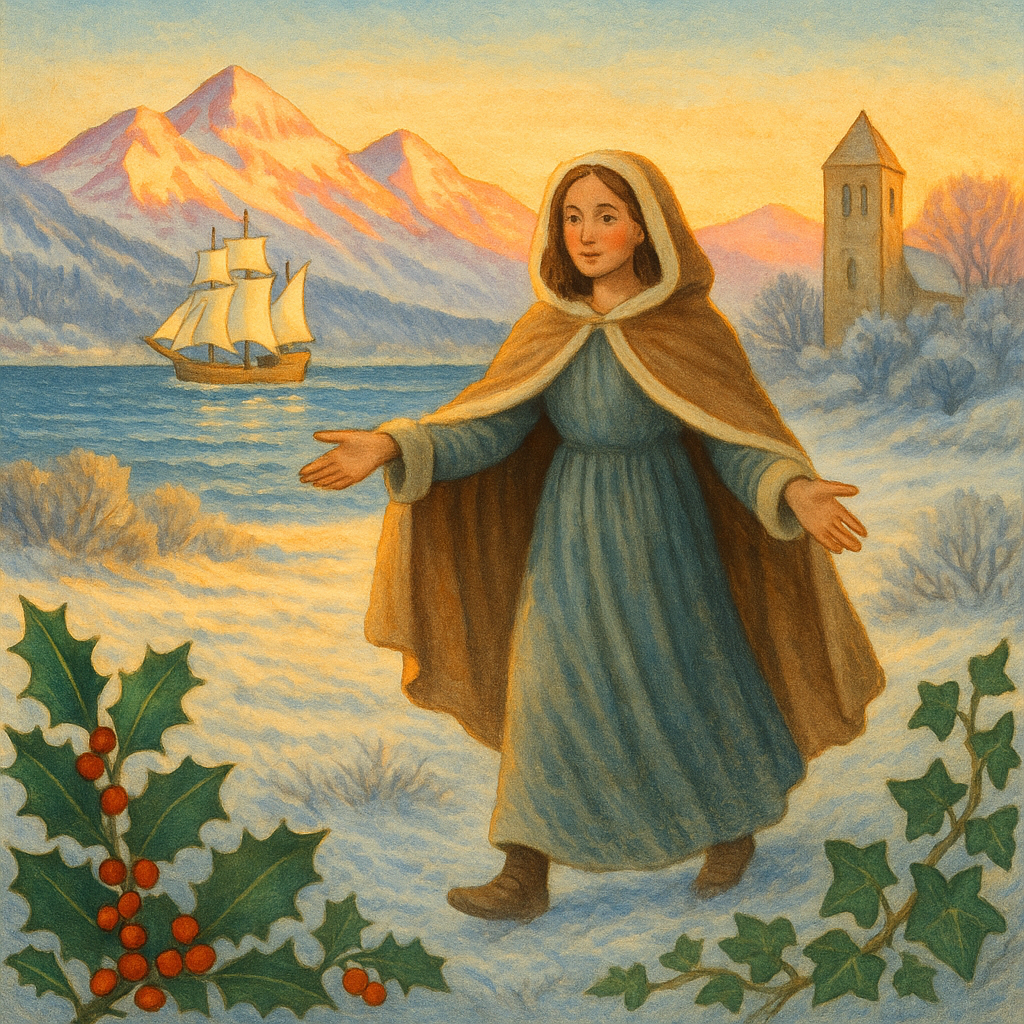 A woman walks across a snowy dawn landscape as church bells ring in the distance, illustrating Christmas Morn.