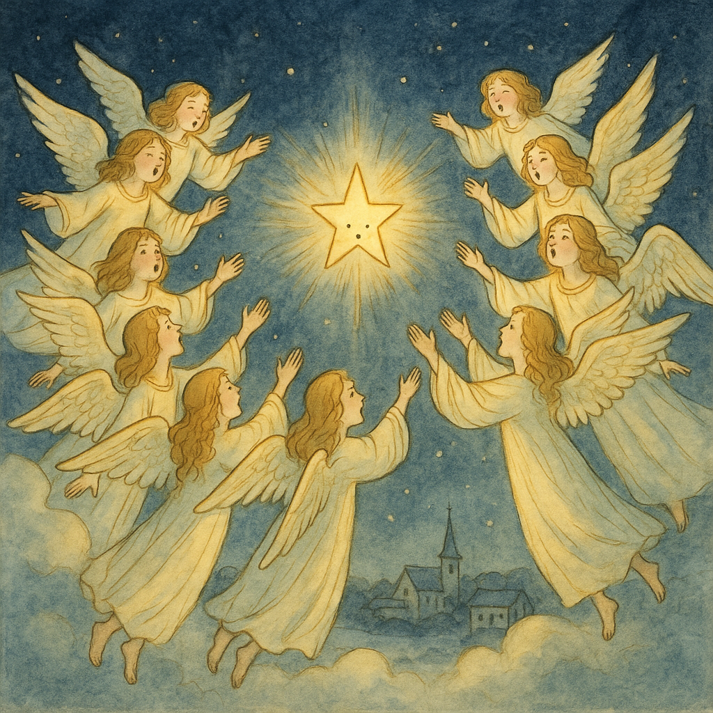 Angels waking a glowing star in the night sky, an illustration from the Christmas Morning poem.