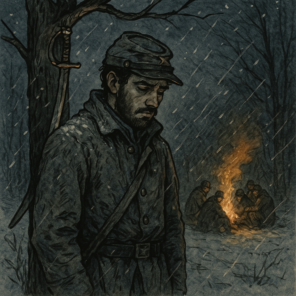 A lone Civil War soldier stands in the snow by a watch-fire, lost in memory — Christmas Night of 1862.